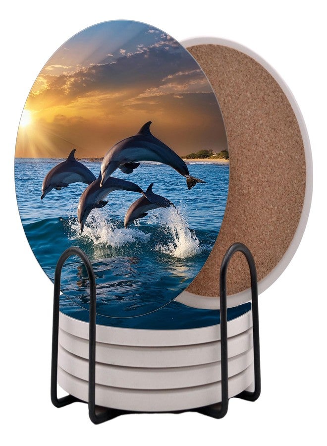 DAJDC Dolphin Jumping Ocean Coastal Round Coasters Set of 6 - Abosrbent Ceramic with Metal Stand for Drinks, Coffee, Non-Slip Cork Back for Tabletop Protection, 4 Inches (Sunset) - Image 1
